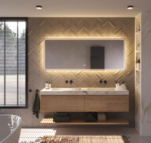 Deze fraaie badkamer spiegel met directe en indirecte verlichting is 180 cm breed, 70 cm hoog en slechts 3 cm diep