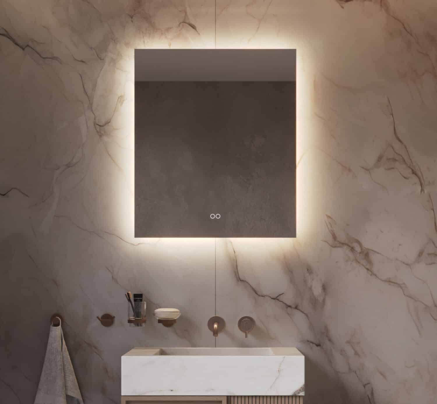 Stijlvolle design spiegel welke van alle gemakken is voorzien: dimbare verlichting, spiegelverwarming en instelbare lichtkleur