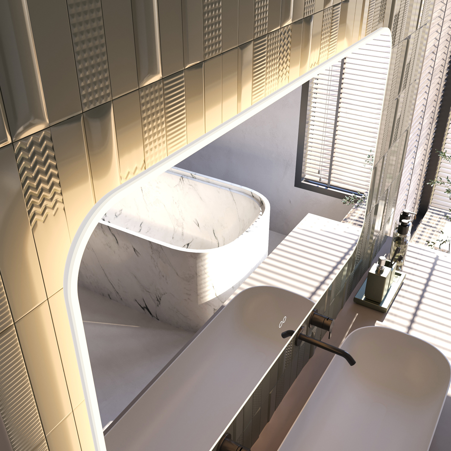 De LED verlichting achter de spiegel zit netjes verborgen achter een licht doorlatende acryl behuizing. Hierdoor zijn de LED punten niet zichtbaar en wordt de LED strip tevens beschermd tegen de invloed van vocht en stof.