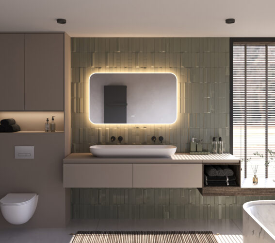 Deze stijlvolle badkamer spiegel met afgeronde hoeken is 120 cm breed, 70 cm hoog en slechts 3 cm diep
