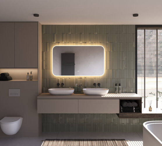 Deze stijlvolle badkamer spiegel met afgeronde hoeken is 140 cm breed, 70 cm hoog en slechts 3 cm diep