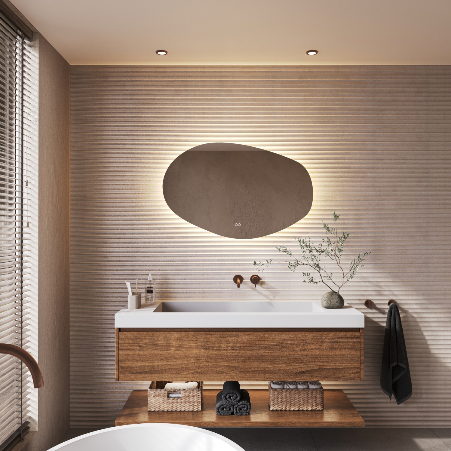 Deze trendy badkamer spiegel met organische vorm is 100 cm breed, 70 cm hoog en slechts 3 cm diep