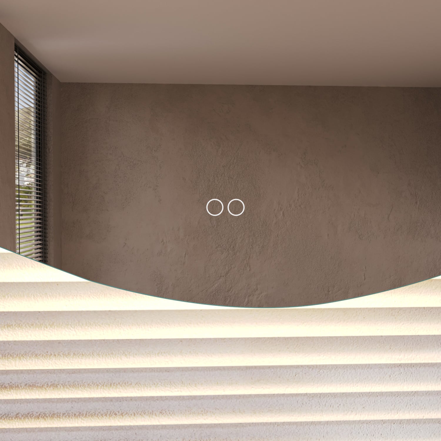 Uitgevoerd met een dubbele touch schakelaar in het spiegelglas; linker touch knop voor het gelijktijdig in- en uitschakelen van de verlichting en de verwarming, inclusief geïntegreerde dimfunctie voor de verlichting, rechter touch knop om traploos de gewenste kleur van de verlichting in te stellen