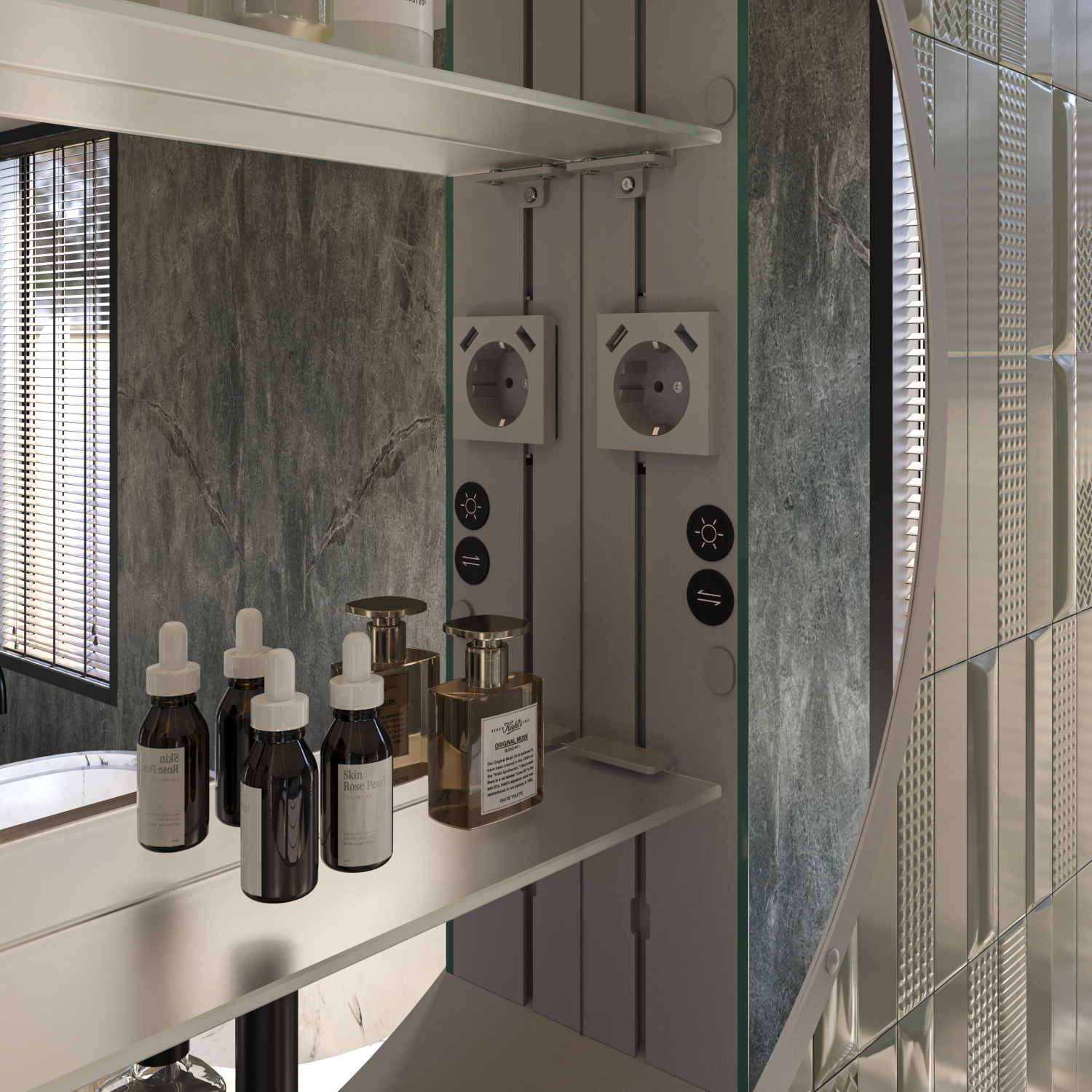 Achter elke deur bevindt zich een geaard stopcontact inclusief 2 USB aansluitingen. Het stopcontact kan worden gebruikt voor het opladen van een electrische tandenborstel of voor gebruik van een föhn of scheerapparaat