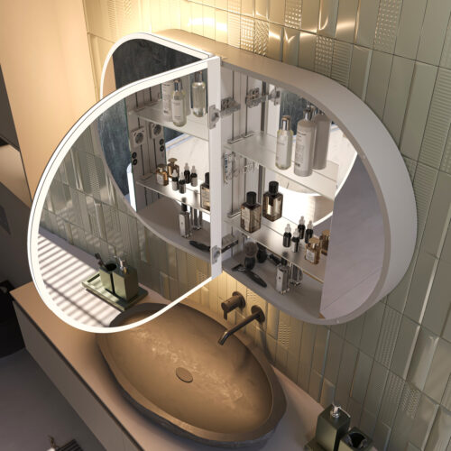 De achterkast is volledig opgebouwd uit aluminium hetgeen een luxe en tijdloze uitstraling geeft aan deze spiegelkast