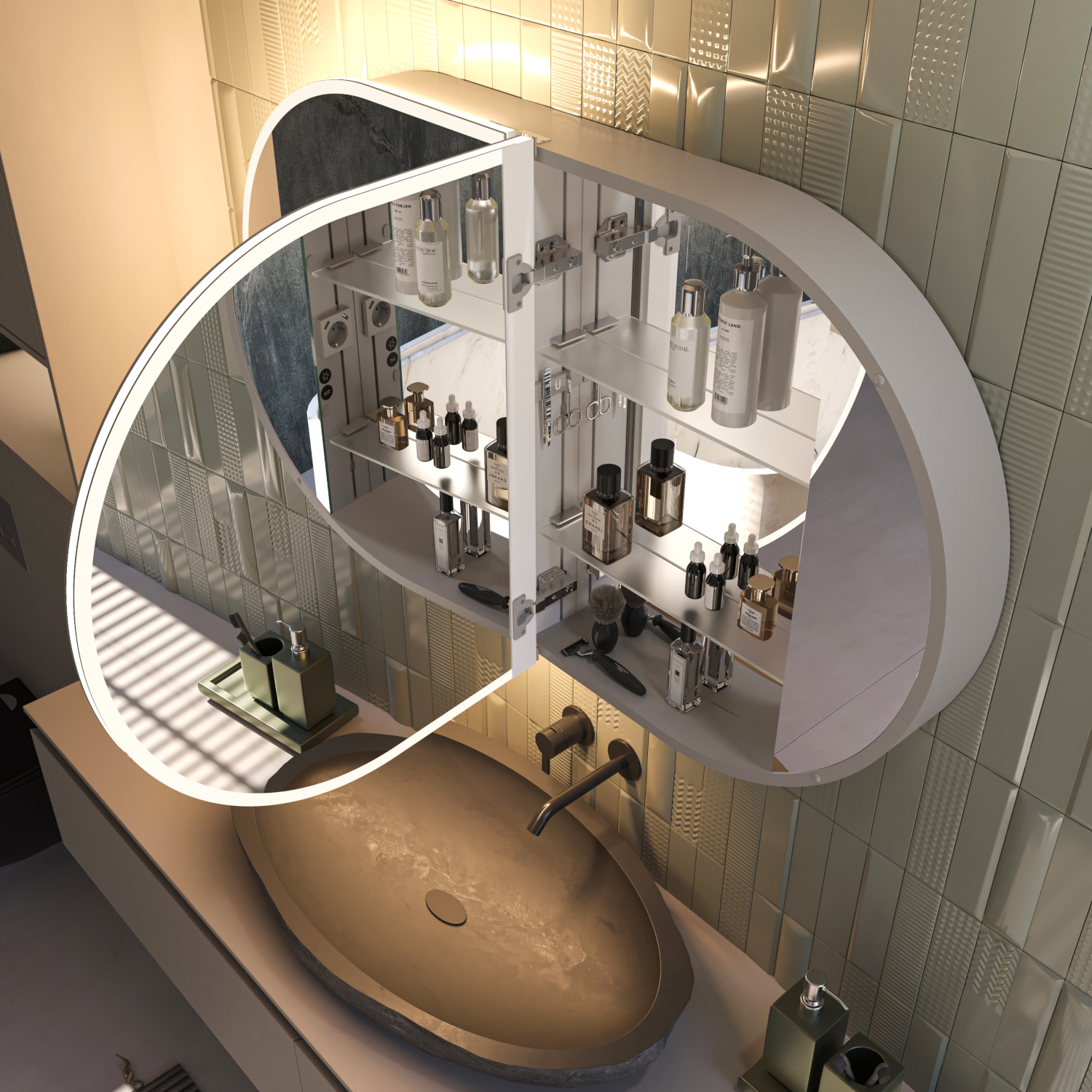 De achterkast is volledig opgebouwd uit aluminium hetgeen een luxe en tijdloze uitstraling geeft aan deze spiegelkast