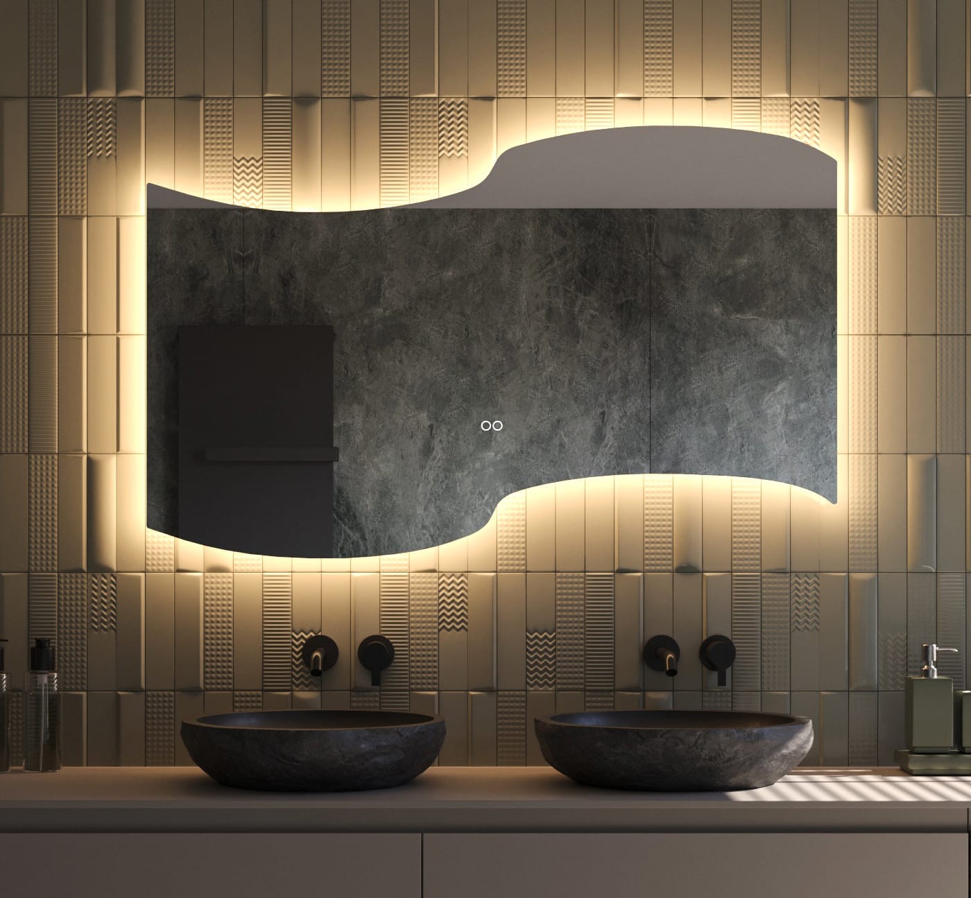 Deze asymmetrische design spiegel voor in de badkamer is van alle gemakken voorzien, zoals: geïntegreerde verlichting en verwarming, dimfunctie, instelbare lichtkleur en dubbele touch bediening