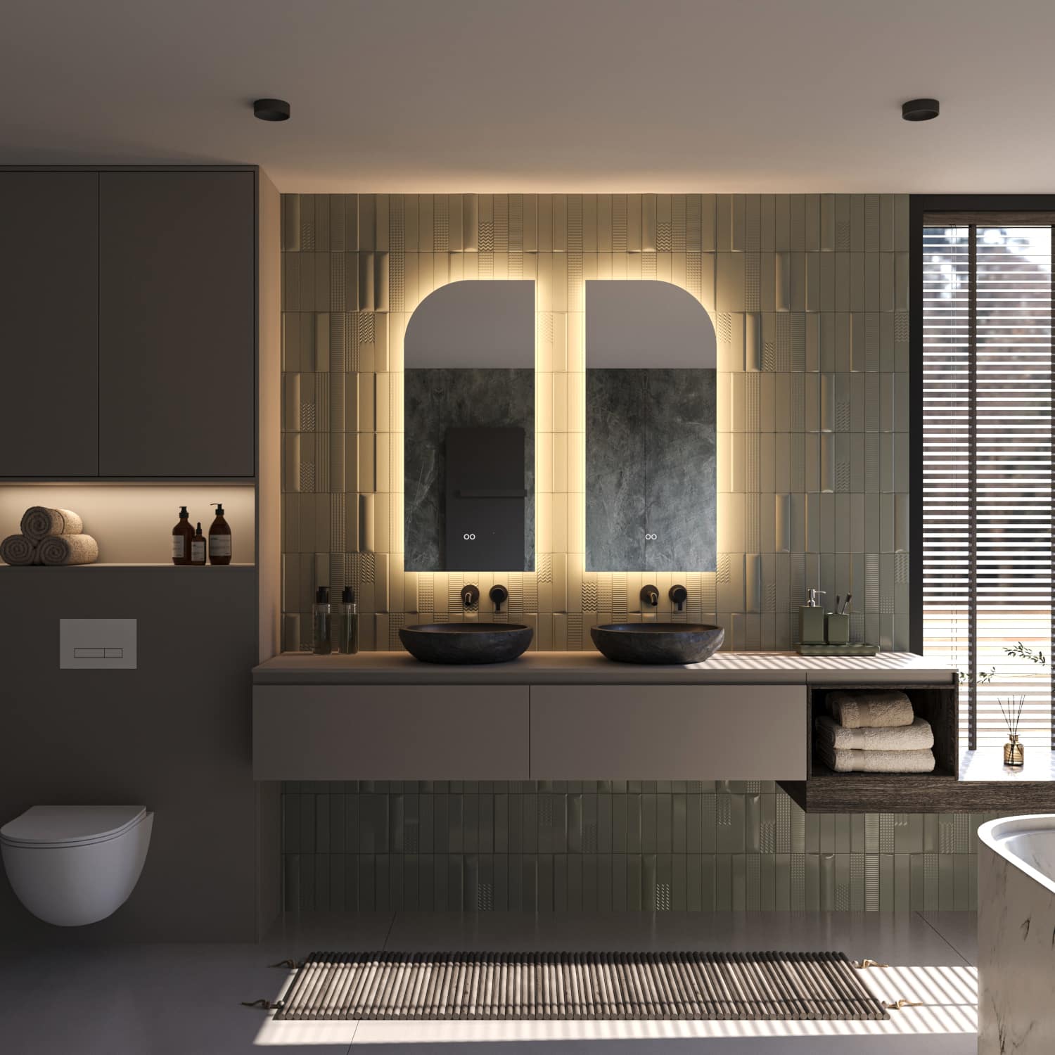 Beschik je over een breed badkamermeubel met 2 kranen of over 2 losse badkamermeubels? Denk dan eens aan 2 spiegels naast elkaar. Zie de link in de omschrijving voor de linker spiegel.