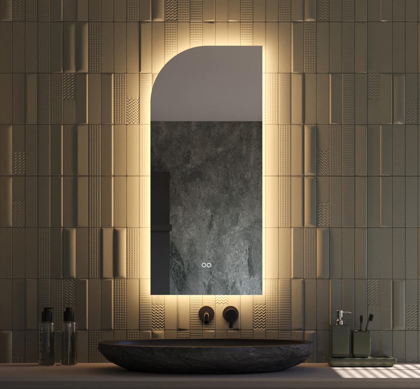 Deze 45 cm brede asymmetrische badkamerspiegel is van alle gemakken voorzien, zoals: geïntegreerde verlichting, spiegelverwarming, dubbele touch schakelaar met dimfunctie en instelbare lichtkleur