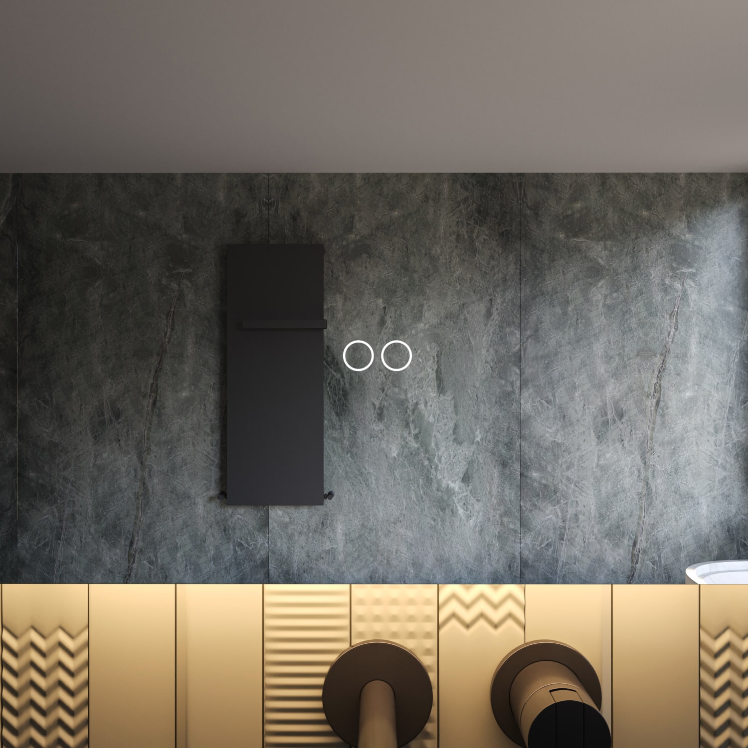 Uitgevoerd met een dubbele touch schakelaar in het spiegelglas; linker touch knop voor het gelijktijdig in- en uitschakelen van de verlichting en de verwarming, inclusief geïntegreerde dimfunctie voor de verlichting, rechter touch knop om traploos de gewenste kleur van de verlichting in te stellen