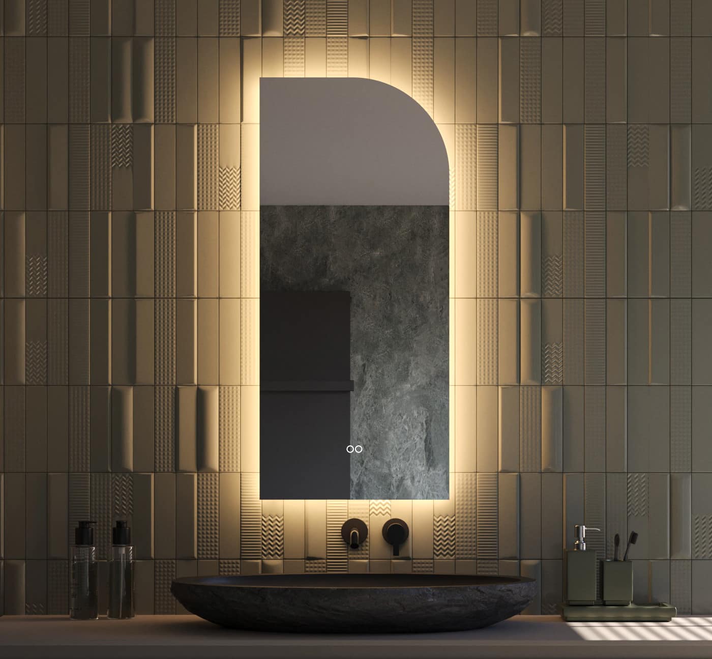 Deze 45 cm brede asymmetrische badkamerspiegel is van alle gemakken voorzien, zoals: geïntegreerde verlichting, spiegelverwarming, dubbele touch schakelaar met dimfunctie en instelbare lichtkleur