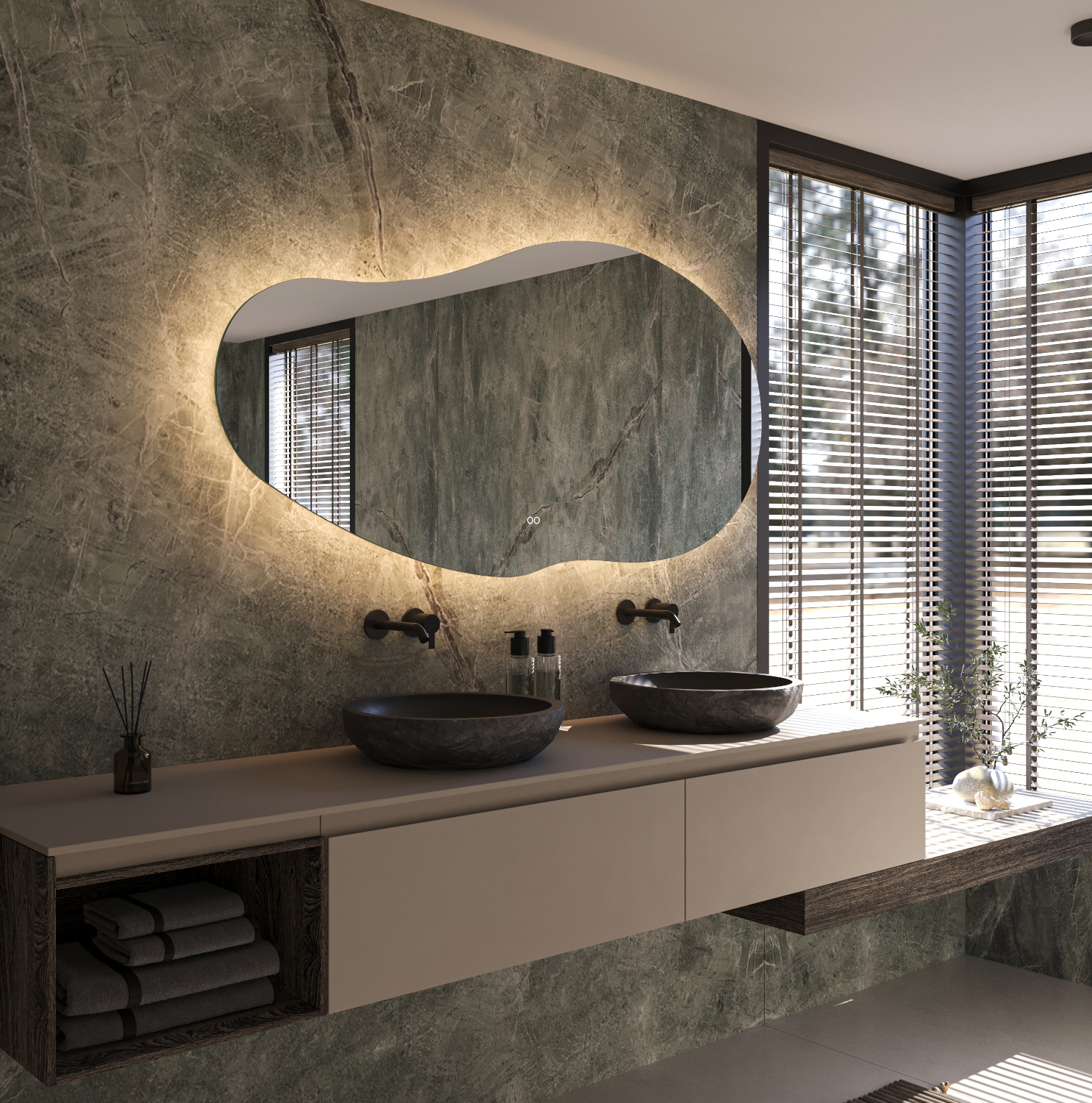 Le chauffage des miroirs intégré s'active automatiquement avec l'éclairage et évite que le miroir ne se condense après, par exemple, une douche, pratique !
