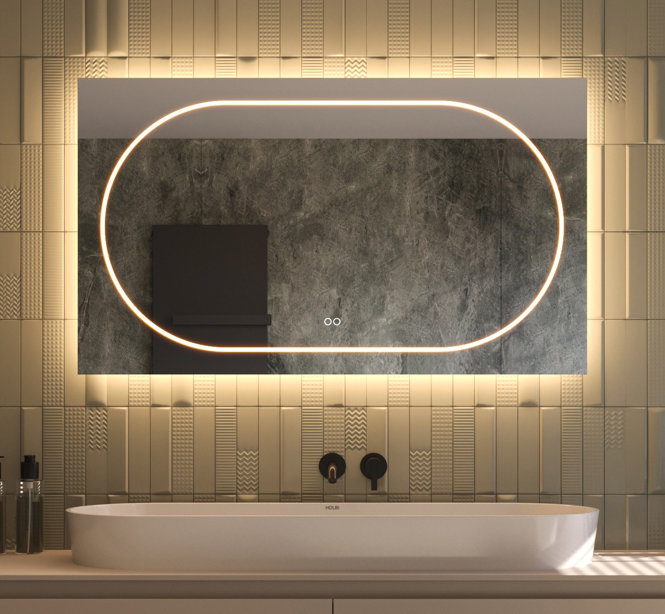 Miroir salle de bain au design unique, doté d'un double contrôle de l'éclairage, d'un éclairage dimmable, d'une couleur de lumière réglable, d'un système anti-buée et d'un double interrupteur tactile