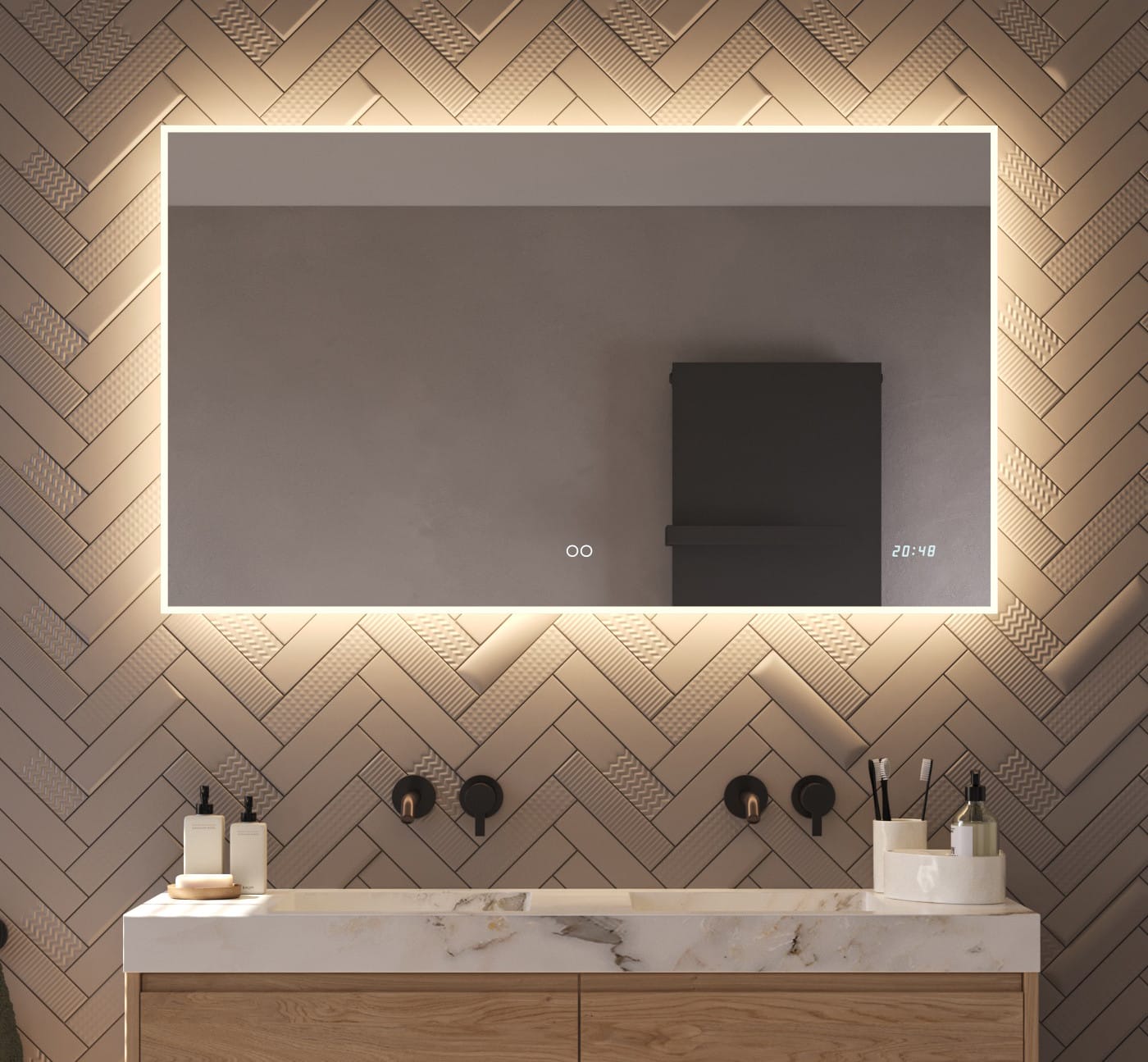 Commencez chaque journée confortablement et à l'heure avec ce Miroir salle de bain élégant doté d'une horloge numérique intégrée, d'un éclairage et d'un système de chauffage du miroir, le tout dans les dimensions 120x70 cm.