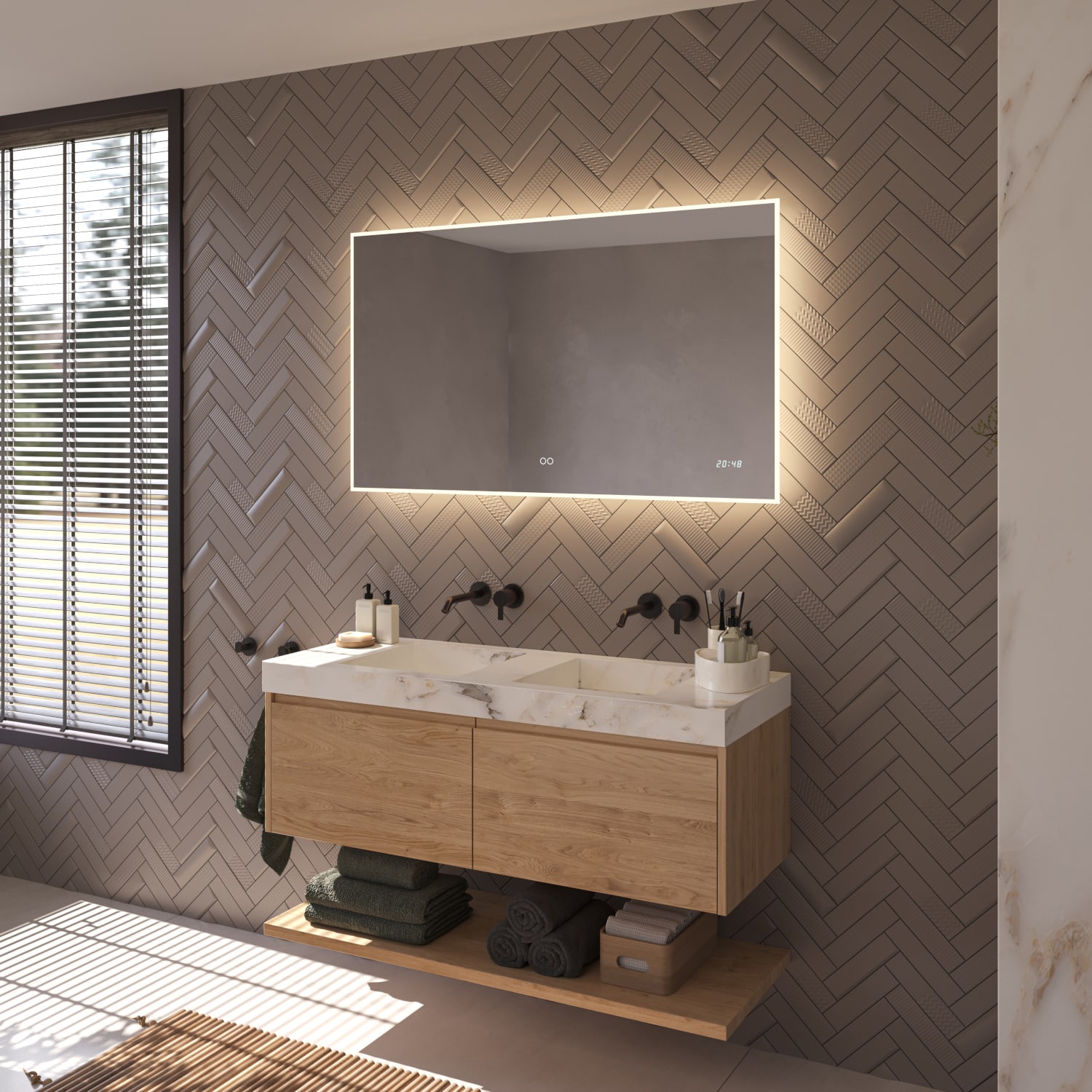 Le miroir est livré entièrement prêt à être raccordé et se fixe facilement au mur à l'aide des instructions et du matériel d'accrochage fournis.