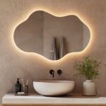 Fraaie asymmetrische spiegel voor in de badkamer van 100 cm breed, uitgevoerd met dimbare verlichting, instelbare lichtkleur, spiegelverwarming en dubbele touch schakelaar